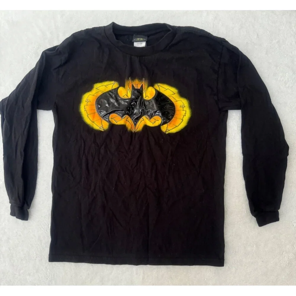 DC Comics Batman Boy's Large Black Long Sleeve Shirt Rubber textured Batman Logo